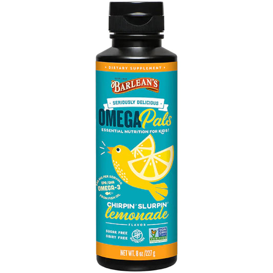 Barlean's Omega Pals Chirpin' Slurpin' Omega 3 for Kids, Yummy Lemonade Flavored Children's Liquid Fish Oil Supplement with 540 mg of EPA & DHA for Brain & Eye Health, 8 oz