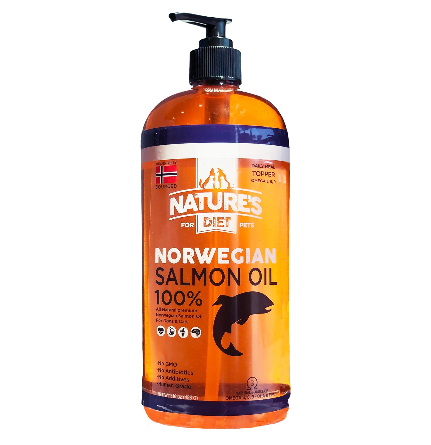 Nature's Diet Pet 32 oz Norwegian Salmon Oil Dogs & Cats - Natural Support for Joint Function Immune Heart Health Appetite Skin & Coat Omega 3 6 9 Liquid Food Topper EPA DHA Fatty Acids