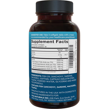 Viva Naturals Triple Strength Omega 3 Fish Oil Supplement - 2500 mg Fish Oil with Re-Esterified Omega 3 Fatty Acids Including EPA, DHA DPA - 180 Pescatarian-Friendly Softgels