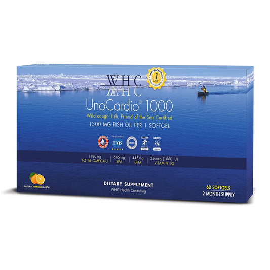 WHC, UnoCardio 1000 Fish Oil, 1300 mg of Pure Triglyceride Fish Oil with Omega-3 (1180 mg), 665 mg EPA and 445 mg DHA and 25 mcg (1000 IU) Vitamin D3 per softgel, Natural Orange, 60 softgels