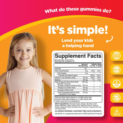 Vegetarian Omega 3 Gummies for Kids - Delicious Kids DHA Omega 3 6 9 Gummy Vitamin Gelatin Fish and Gluten Free Non-GMO - Plant Based Omega 3 DHA Gummies for Vision Immunity Heart and Brain Support