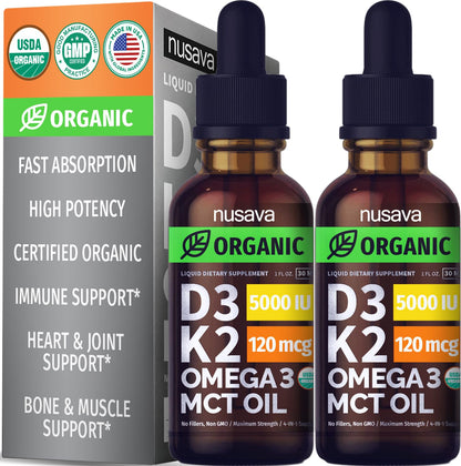 (2 Pack) Organic Vitamin D3 K2 Drops w MCT Oil Omega 3, 5000 IU, Vitamin D Liquid 5000 IU, No Fillers, Non-GMO Liquid D3 for Body’s Defenses & Faster Absorption, Unflavored, 2 Fl Oz Liquid Vitamin D3