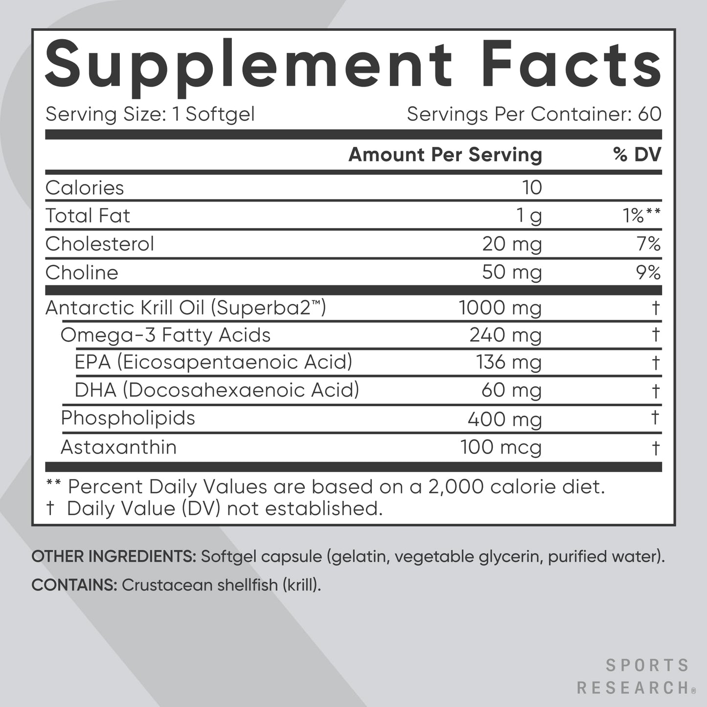 Sports Research Antarctic Krill Oil Omega 3 Softgels 1000mg (Double Strength) with Phospholipids, Choline & Astaxanthin - Sustainably Sourced, Non-GMO Verified & Gluten Free - 60 Capsules