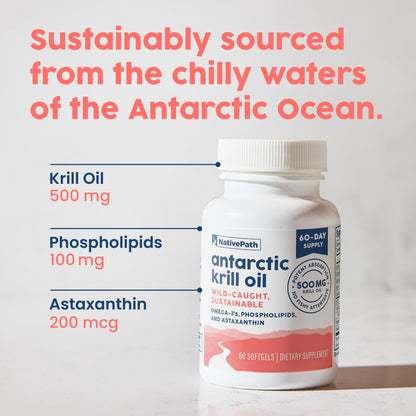 NativePath Antarctic Krill Oil - Wild-Caught Omega 3 Krill Oil 500mg Softgels with EPA, DHA and Astaxanthin - Omega 3 Supplement for Joint, Heart, Brain and Immunity - 60 ct - No Fishy Aftertaste