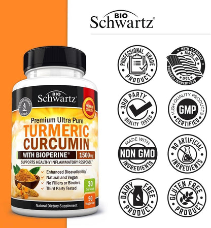 Turmeric Curcumin with Black Pepper Extract 1500mg - High Absorption Ultra Potent Turmeric Supplement with 95% Curcuminoids and BioPerine - Non GMO Turmeric Capsules for Joint Support - 90 Capsules