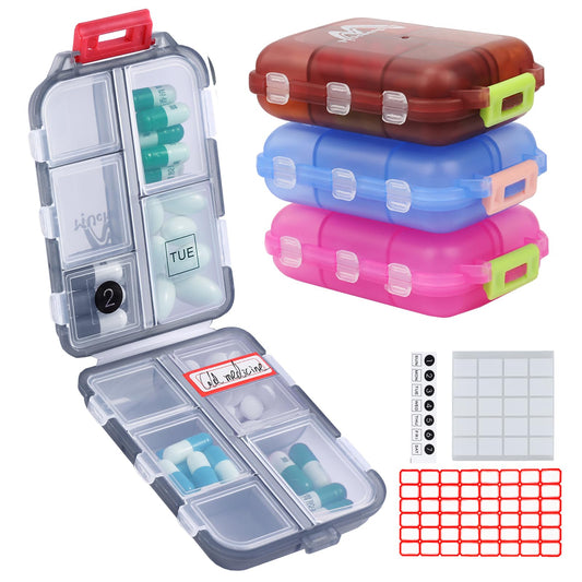 4PS Travel Pill Organizer with 164 Slice Labels，10 Compartments Travel Pill Box Portable Folding Small Pill Case Daily Pill Container Used for Carry Storage Medicine Organizer by M MUchengbao