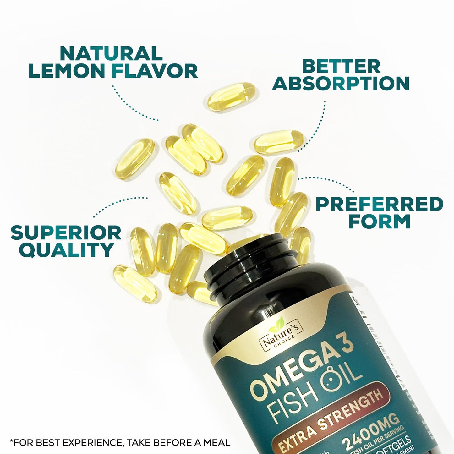 Triple Strength Omega 3 Fish Oil 2400 mg Softgels, Nature's Omega-3 Supplements, Brain & Heart Health Support - EPA & DHA, 1200 MG Fish Oil in Each Softgel, Fish Oil Supplement - 60 Fish Oil Softgels