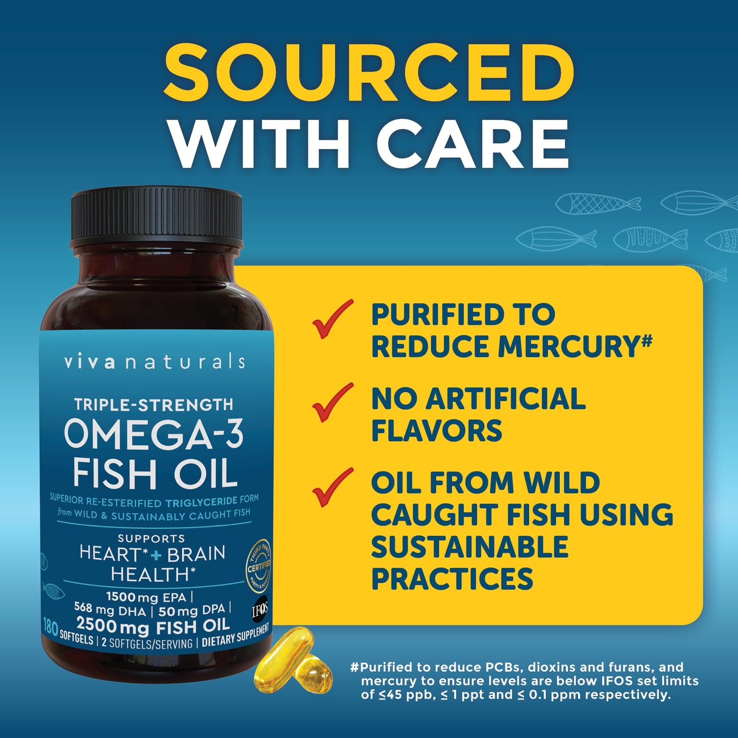 Viva Naturals Triple Strength Omega 3 Fish Oil Supplement - 2500 mg Fish Oil with Re-Esterified Omega 3 Fatty Acids Including EPA, DHA DPA - 180 Pescatarian-Friendly Softgels