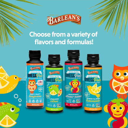 Barlean's Omega Pals Chirpin' Slurpin' Omega 3 for Kids, Yummy Lemonade Flavored Children's Liquid Fish Oil Supplement with 540 mg of EPA & DHA for Brain & Eye Health, 8 oz