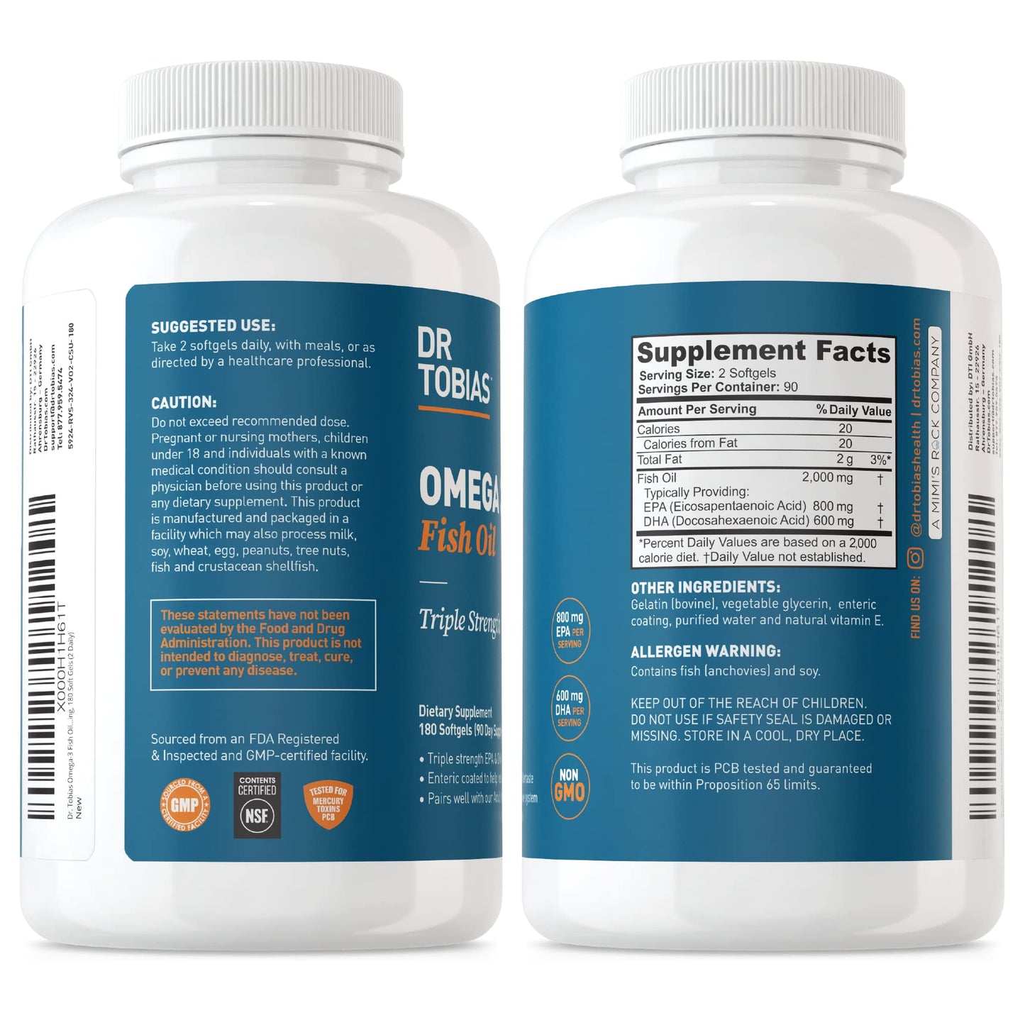 Dr. Tobias Omega 3 Fish Oil, 2000mg Triple Strength Omega 3 Supplement with 800mg EPA 600mg DHA Per Serving, Fish Oil Omega 3 Supplements for Heart, Brain & Immune Support, 180 Softgels, 90 Servings