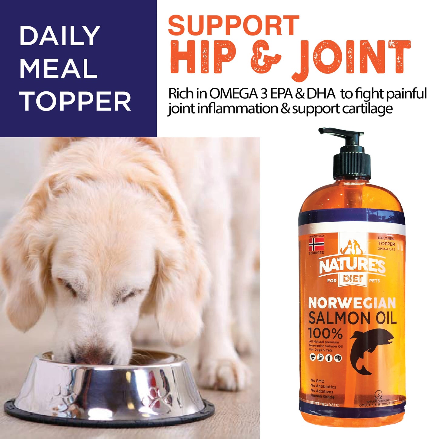 Nature's Diet Pet 32 oz Norwegian Salmon Oil Dogs & Cats - Natural Support for Joint Function Immune Heart Health Appetite Skin & Coat Omega 3 6 9 Liquid Food Topper EPA DHA Fatty Acids