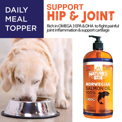 Nature's Diet Pet 32 oz Norwegian Salmon Oil Dogs & Cats - Natural Support for Joint Function Immune Heart Health Appetite Skin & Coat Omega 3 6 9 Liquid Food Topper EPA DHA Fatty Acids