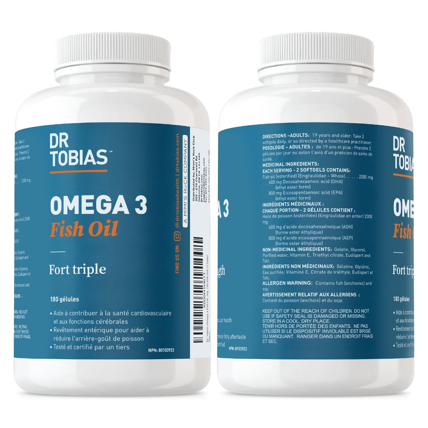 Dr. Tobias Omega 3 Fish Oil, 2000mg Triple Strength Omega 3 Supplement with 800mg EPA 600mg DHA Per Serving, Fish Oil Omega 3 Supplements for Heart, Brain & Immune Support, 180 Softgels, 90 Servings