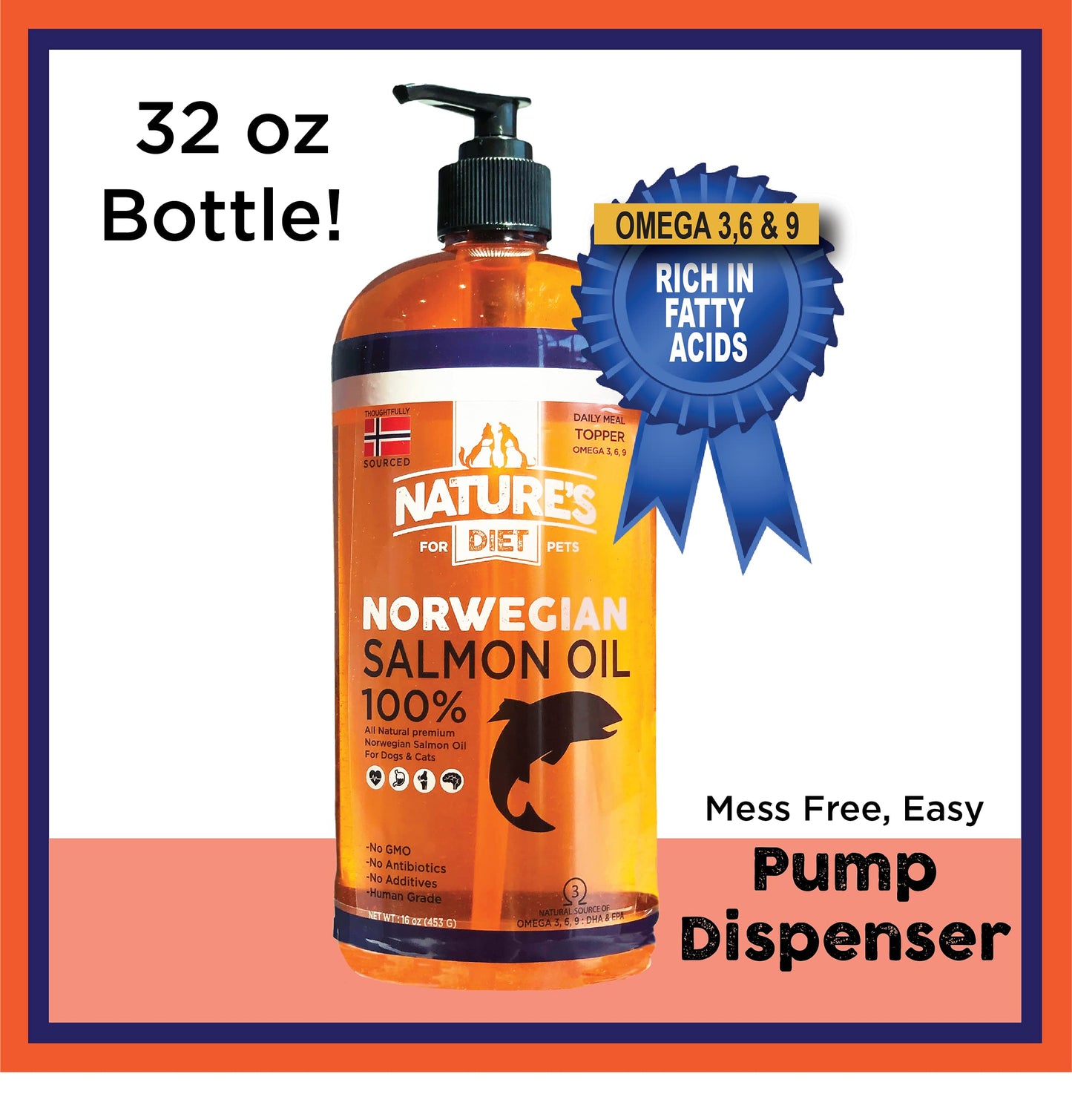 Nature's Diet Pet 32 oz Norwegian Salmon Oil Dogs & Cats - Natural Support for Joint Function Immune Heart Health Appetite Skin & Coat Omega 3 6 9 Liquid Food Topper EPA DHA Fatty Acids