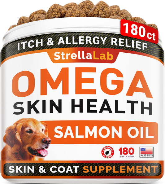 STRELLALAB Omega 3 for Dogs - (180Ct) Fish Oil Treats - Allergy & Itch Relief Skin&Coat Supplement - Dry Itchy Skin, Shedding, Hot Spots Treatment, Anti Itch - Pet Salmon Oil Chews - Chicken Flavor