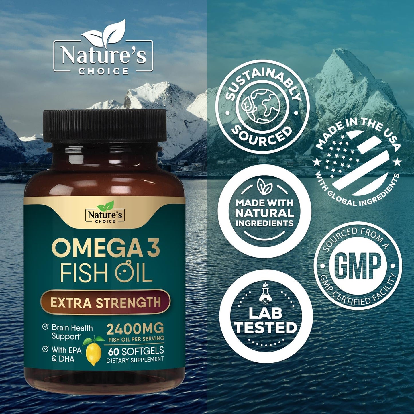 Triple Strength Omega 3 Fish Oil 2400 mg Softgels, Nature's Omega-3 Supplements, Brain & Heart Health Support - EPA & DHA, 1200 MG Fish Oil in Each Softgel, Fish Oil Supplement - 60 Fish Oil Softgels