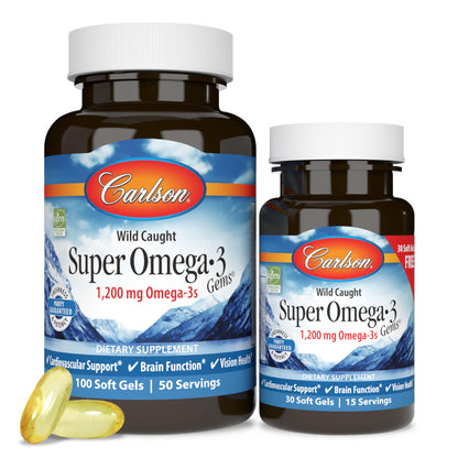 Carlson - Super Omega-3 Gems, 1200 mg Omega-3 Fatty Acids with EPA and DHA, Wild-Caught Norwegian Supplement, Sustainably Sourced Fish Oil Capsules, Omega 3 Supplements, 100+30 Softgels