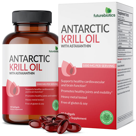 Futurebiotics Antarctic Krill Oil 1000mg with Omega-3s EPA, DHA, Astaxanthin and Phospholipids - Premium Krill Oil Heavy Metal Tested, Non GMO – 90 Softgels (45 Servings)