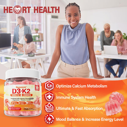 Sugar-Free Vitamin D3 K2 Filled Gummies 5000IU / 10,000 IU with 500mg Calcium + K2 (MK-7) 200mcg, Magnesium Citrate, Vitamin C, Extra Strength - Ultimate Absorption for Bone Muscle Teeth Immune, Vegan