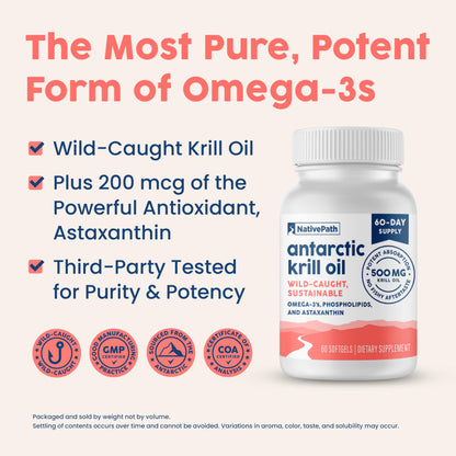 NativePath Antarctic Krill Oil - Wild-Caught Omega 3 Krill Oil 500mg Softgels with EPA, DHA and Astaxanthin - Omega 3 Supplement for Joint, Heart, Brain and Immunity - 60 ct - No Fishy Aftertaste