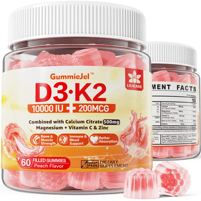 Sugar-Free Vitamin D3 K2 Filled Gummies 5000IU / 10,000 IU with 500mg Calcium + K2 (MK-7) 200mcg, Magnesium Citrate, Vitamin C, Extra Strength - Ultimate Absorption for Bone Muscle Teeth Immune, Vegan