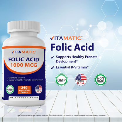 Vitamatic Folic Acid 1000 mcg (1 mg) - Vegetarian Tablets - 1667 mcg DFE - Vitamin B9 (240 Count (Pack of 1))