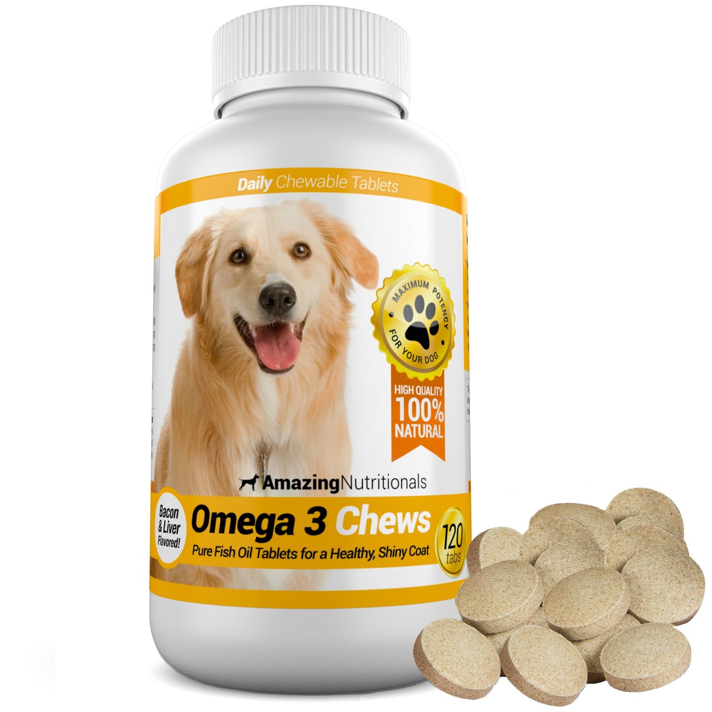 Amazing Omega 3 Fish Oil for Dogs - Omega 3 for Dogs Shedding and Itchy Skin Relief for Dog Dry Skin and Hot Spots, EPA and DHA Fatty Acids, Dog Skin and Coat Supplement - 120 Bacon Flavor Chews