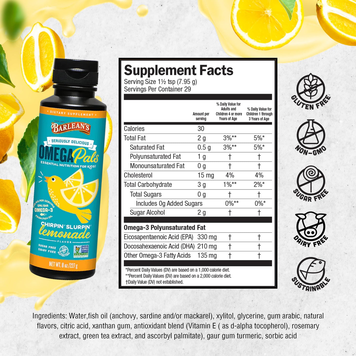 Barlean's Omega Pals Chirpin' Slurpin' Omega 3 for Kids, Yummy Lemonade Flavored Children's Liquid Fish Oil Supplement with 540 mg of EPA & DHA for Brain & Eye Health, 8 oz