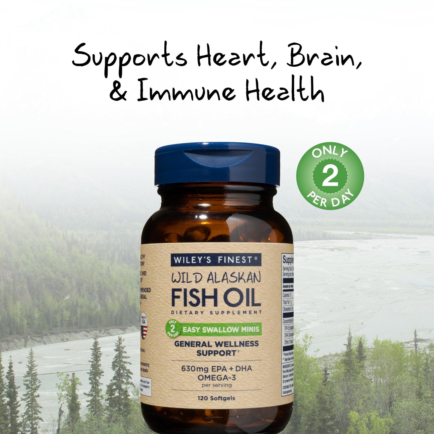 Wiley's Finest Wild Alaskan Fish Oil Easy Swallow Minis - Omega-3 Fish Oil Supplement for Adults and Kids - Double-Strength 630mg EPA and DHA Natural Supplement - 120 Mini Softgels (60 Servings)