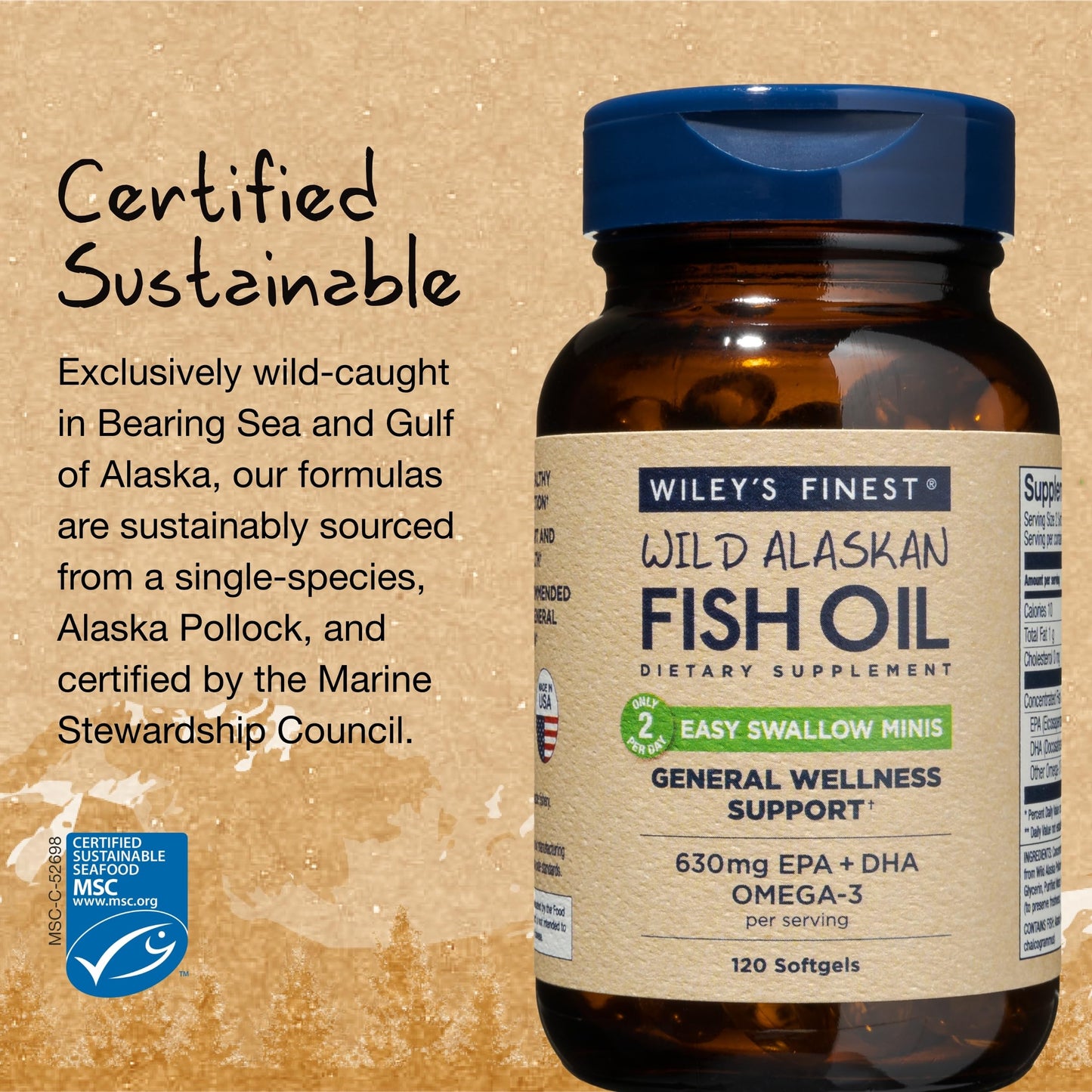 Wiley's Finest Wild Alaskan Fish Oil Easy Swallow Minis - Omega-3 Fish Oil Supplement for Adults and Kids - Double-Strength 630mg EPA and DHA Natural Supplement - 120 Mini Softgels (60 Servings)