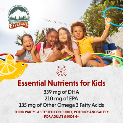 Barlean's Omega Pals Chirpin' Slurpin' Omega 3 for Kids, Yummy Lemonade Flavored Children's Liquid Fish Oil Supplement with 540 mg of EPA & DHA for Brain & Eye Health, 8 oz